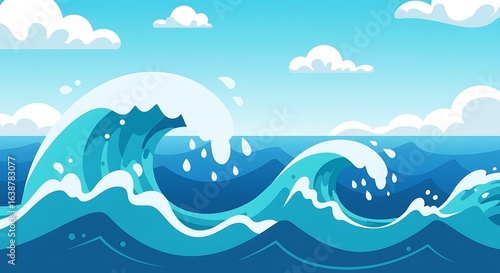 Cartoon Illustration of Ocean Waves and Clouds in a Bright Blue Sky