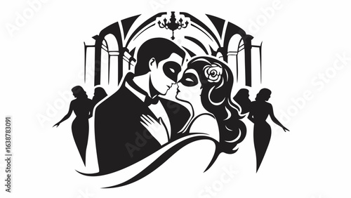 Illustration of a masked couple in formal wear at a masquerade ball with onlookers and chandelier silhouette