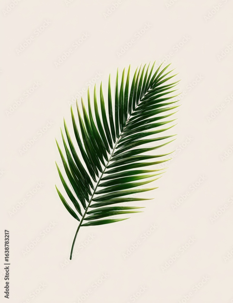 Fototapeta premium Single palm leaf, vibrant green with light yellow highlights, against a neutral backdrop