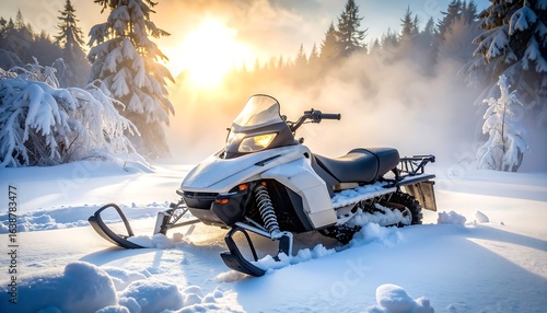 Snowmobile Riding Through Winter Forest at Sunrise