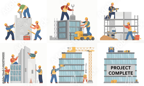 Set of illustrations showing the stages of building construction, with workers and machinery from start to project completion.