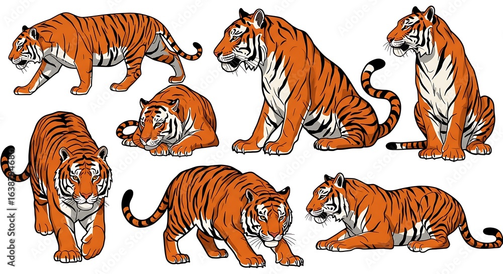 Obraz premium Collection of Eight Tigers in Various Poses, Illustrated