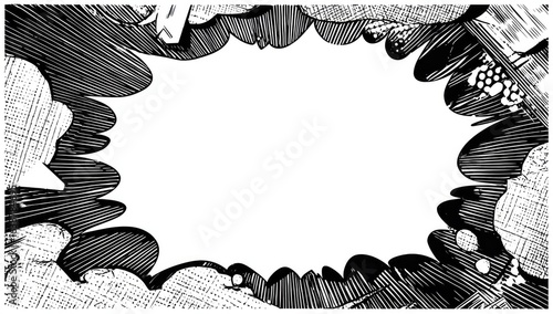 Black and white comic book-style speech bubble frame