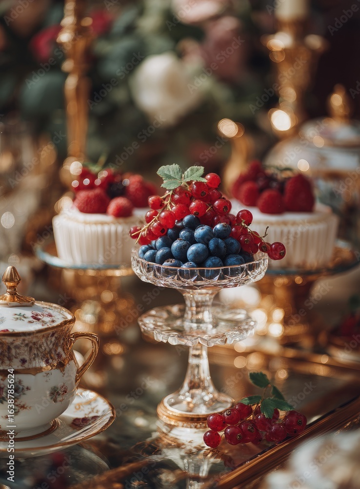 Naklejka premium Elegant dessert display with fresh berries on cupcakes. A glass bowl holds blueberries and red currants atop a tiered stand. Gold accents and ornate china add to the refined aesthetic