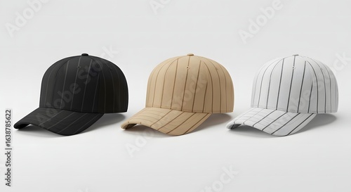 Three baseball caps in black, beige, and white with pinstripes arranged in a horizontal row on white