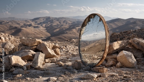 Broken mirror reflecting a desert landscape
