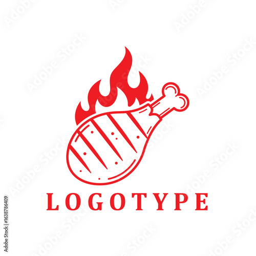 Red grilled drumstick with flames and bold “LOGOTYPE” text, perfect for BBQ branding.