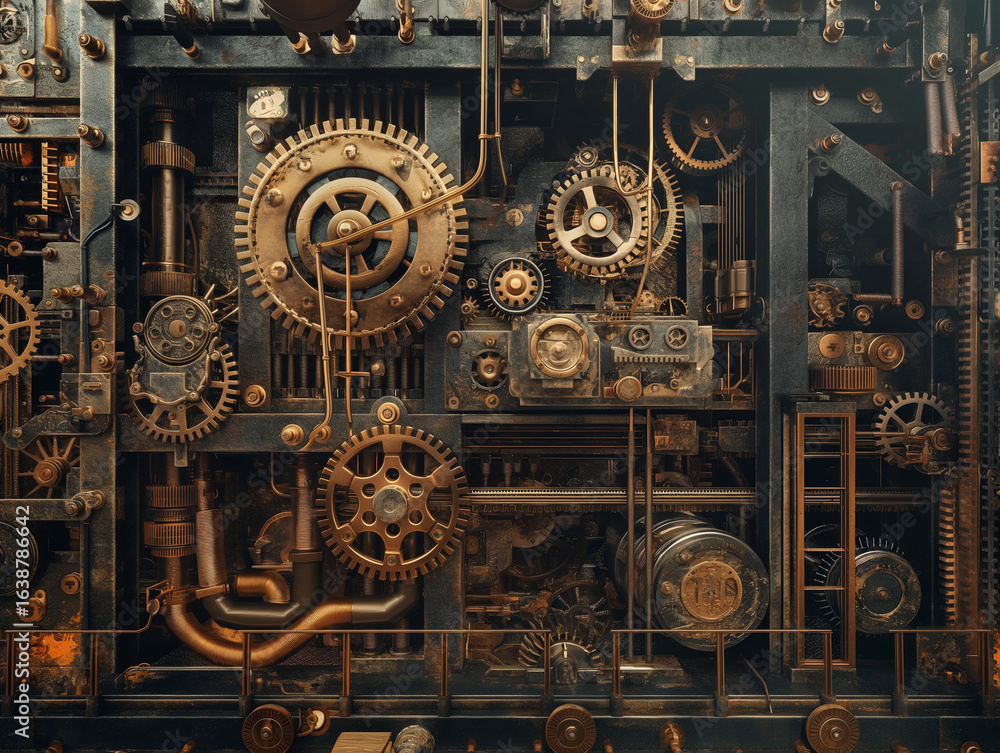 Fototapeta premium An elaborate, detailed steampunk-style machine with cogs and gears meticulously working to process customer data and create targeted advertisements. --v 6.0