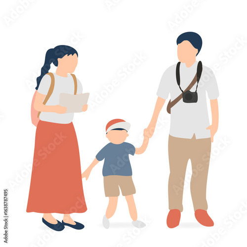 観光地を歩く子連れ家族の旅行イラスト（地図とカメラ）
