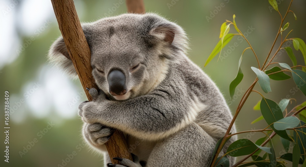 Fototapeta premium Sleeping Koala Bear Hugging a Tree Branch in Australia