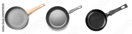 Set of frying pans on white...