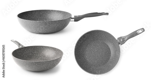 Set of frying pans on white...
