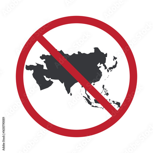 Isolated prohibition sign featuring Asia map with restriction symbol, boycott icon, travel ban, and embargo concept.