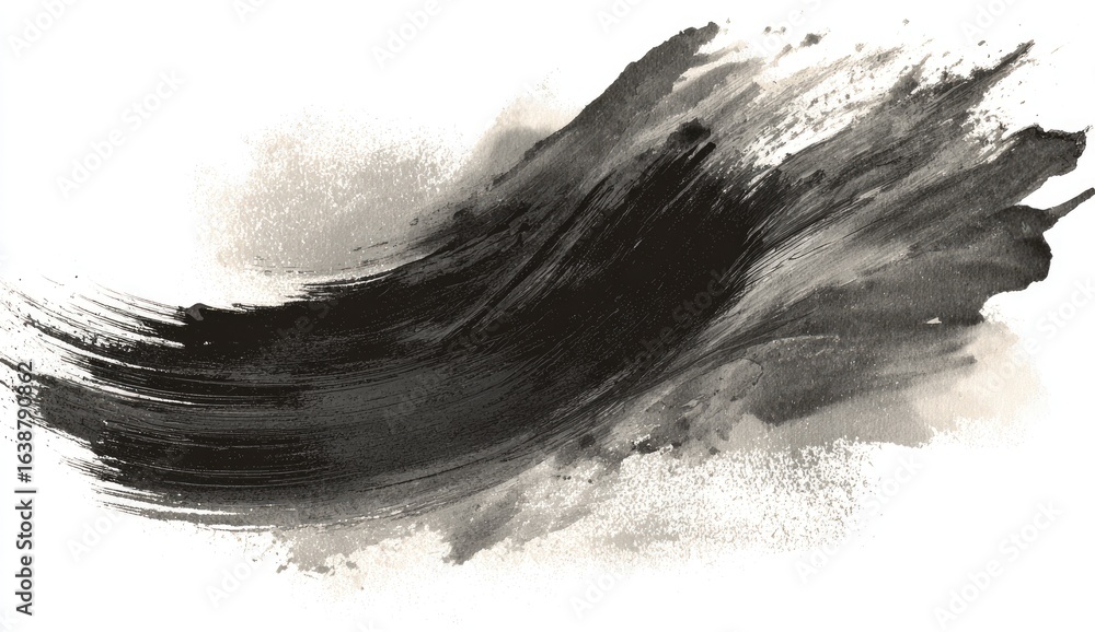 Fototapeta premium Abstract brushstroke in shades of black and gray. A textured, flowing, dark mark against a light background