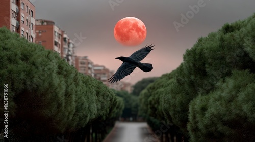 Black bird flies towards a large red moon over a tree lined avenue with buildings in background