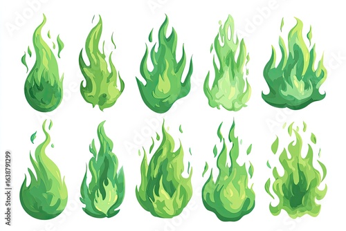 Collection of stylized green flames.  Various shapes and sizes of glowing green flames against a plain white background.  Vibrant and cartoonish graphic design