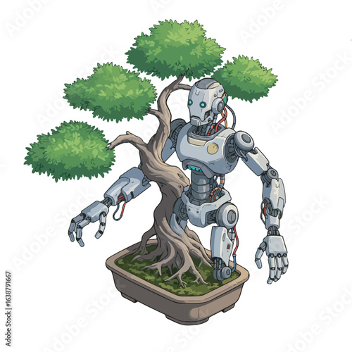 A biomechanical robot integrated into the trunk of a lush green bonsai tree, a concept of technology and nature's synergy.