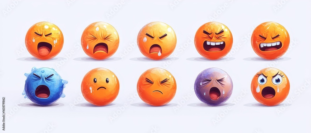 Obraz premium Colorful emoticons with various expressions including sadness, anger, and confusion.