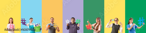 Set of different people with hashtag signs on color background