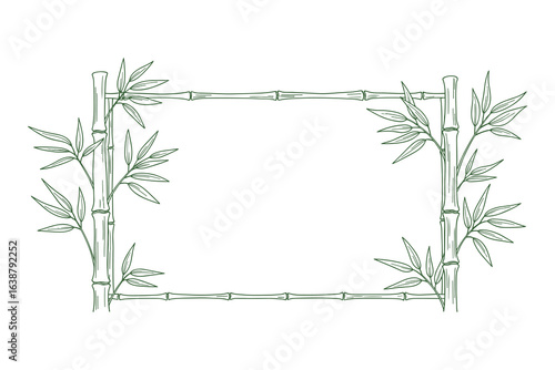Bamboo Frame Rectangular with Green Leaves, Natural Style, Decorative Element, Empty space, Vector Illustration.