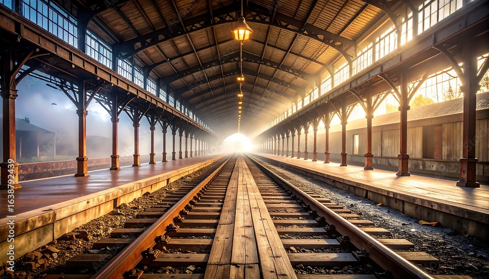 Obraz premium Vintage Railway Station Platform with Railroad Tracks and Lighting