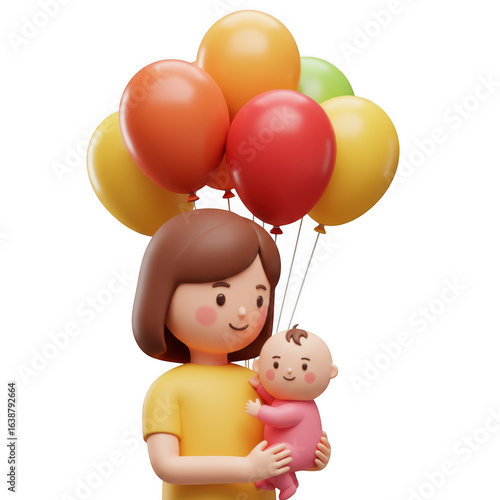 Cartoon woman holding baby with colorful balloons isolated on transparent background