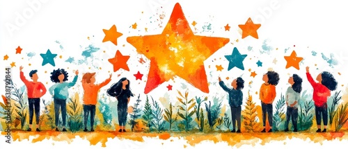 Diverse People Reaching for Big Star  Watercolor Illustration