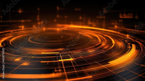 Dynamic digital data stream visualized with glowing orange concentric circles and abstract futuristic grid patterns on a dark background
