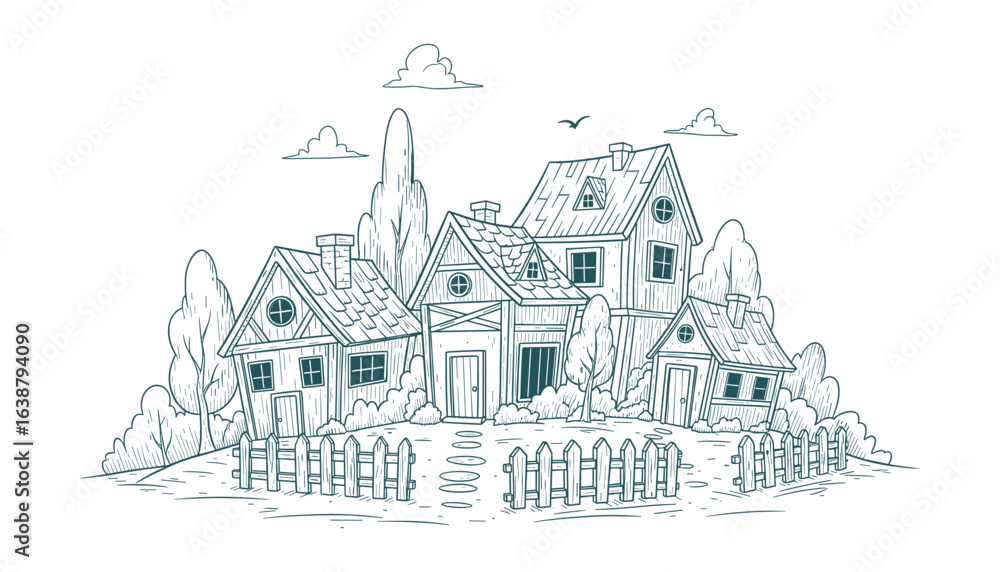 Fototapeta premium Cartoon Houses Cluster Illustration with Fence, Path and Trees, Hand Drawn Style, Vector Illustration