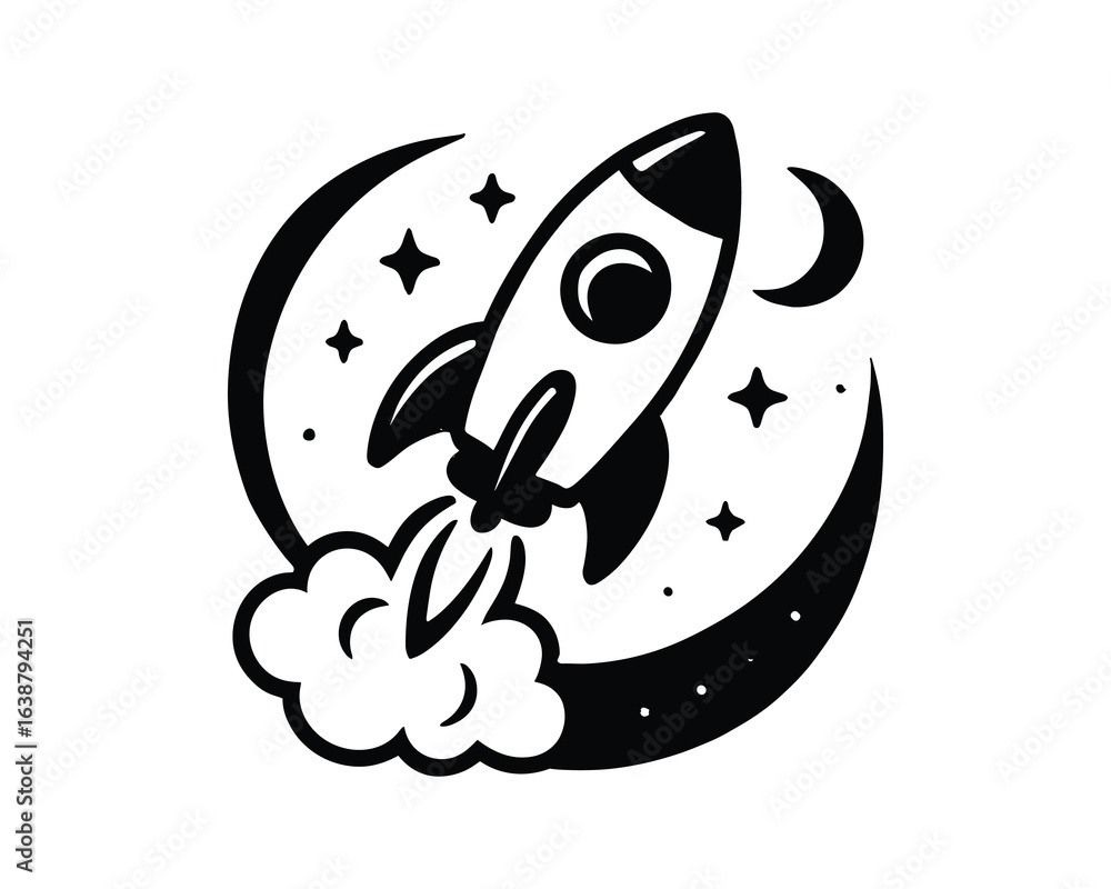 Obraz premium Cartoon Rocket Launching to Moon with Stars, Black and White Space Adventure Vector Illustration