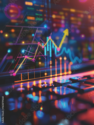 Laptop computer glowing graph chart bar arrow keyboard display virtual 3D visualization.