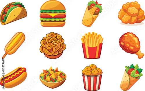 Delicious illustrated fast food collection of burgers tacos hotdogs french fries and more