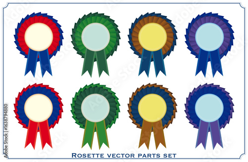 受賞やコンテスト用のカラフルなロゼットベクターセット｜赤青緑黄紫のリボン付き表彰デザインコレクション