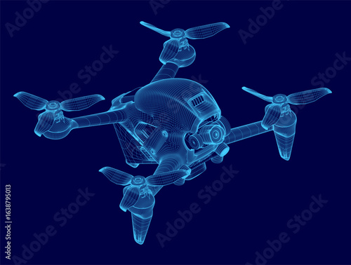 A small drone 3D model rendered in wireframe style on a smooth blue background. The detailed mesh structure highlights the drone's realistic design and futuristic appeal.