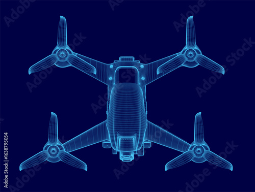 A drone blueprint displays a detailed wireframe view with four propellers on a blue background. The technical illustration highlights key components and structural design.