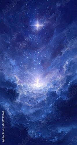 Celestial Ascension Light pierces clouds, stars shine, night sky; spiritual hope
