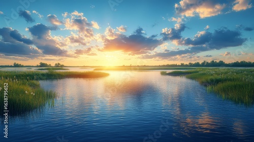 Serene Sunset River Landscape  Golden Hour Water Reflection