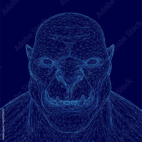 A low poly orc face in wireframe style features intricate geometric details on a blue background. The digital illustration combines sharp angles and clean lines for a futuristic aesthetic.