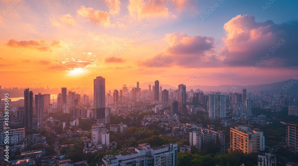 Fototapeta premium Cityscape Skyline at Sunset with Pink Clouds and Mountains