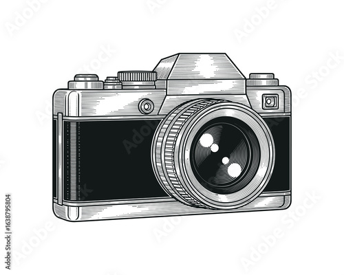 Detailed Engraved Camera Lens Vector Illustration, Photography Equipment Retro Camera Vector Design