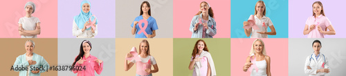 Collage of many women with pink ribbons on color background. Breast cancer aw...