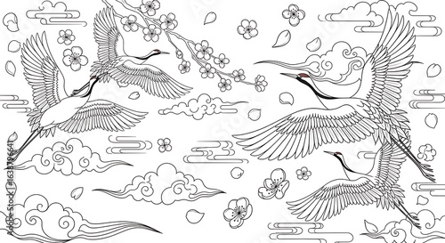 Elegant Cranes Soaring Amongst Cherry Blossoms and Decorative Clouds in Flight