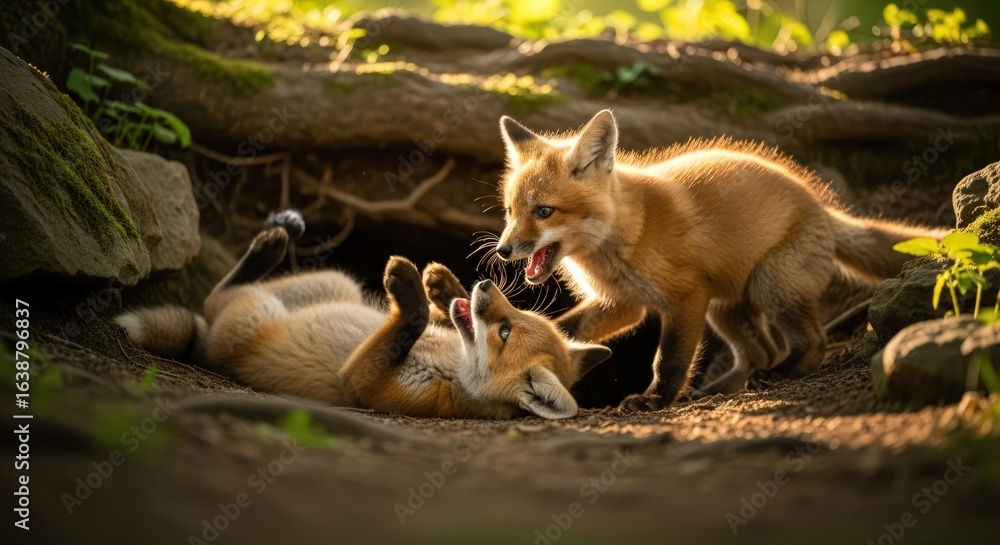 Fototapeta premium Two Adorable Red Fox Kits Playing and Fighting in the Forest at Golden Hour