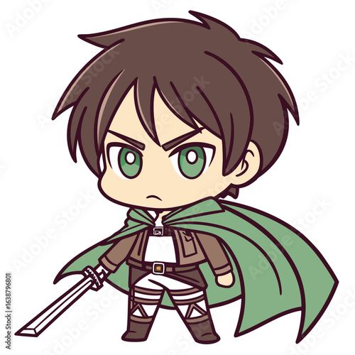Cute mangastyle cadet with sword poses sternly wearing brown jacket and green cloak on transparent background