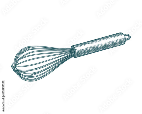 Engraved Style Teal Whisk Kitchen Utensil Cooking Tool Vector Illustration