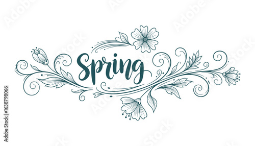 Floral Spring Calligraphy Text Design with Swirls and Botanical Elements Vector Illustration