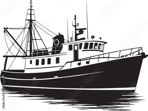 Fishing Trawler Boat Silhouette on Water | Commercial Fishing Vessel Icon for Maritime Industry and Seafood Advertising