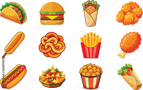 Delicious assortment of cartoon fast food illustrations perfect for culinary and food themed designs