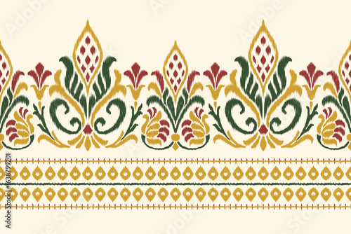 Seamless ethnic ikat floral embroidery damask border pattern in gold, red and green, traditional paisley abstract texture vector for fabric clothing textile fashion design and decoration wallpaper.