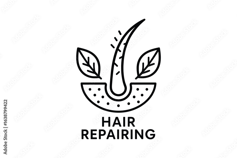 Hair Repairing Treatment Icon with Leaf Elements, Modern Style, Black and White Vector Illustration Hair Repairing Treatment Icon with Leaf Elements, Modern Style, Black and White Vector Illustration